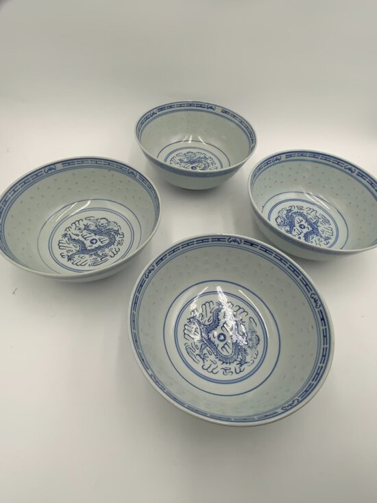 Other - Vintage Chinese Blue & White Porcelain Rice Pattern Bowls Dragon, 8" SET of 4